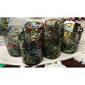 Set Of 6 Don Suenos Colorful Hand-Blown Glass Tumblers With Multicolor Splatter